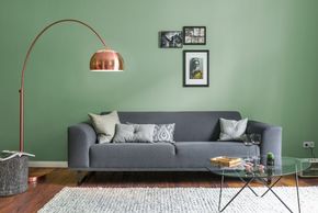 Wohnzimmer mit grüner Wand und grauer Couch